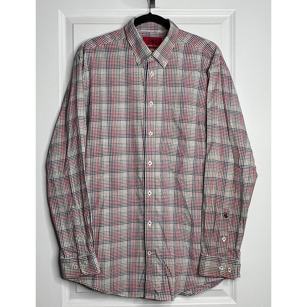 Southern Proper Mens L Plaid Button Down Shirt Stretch Traditional Fit Dog Logo